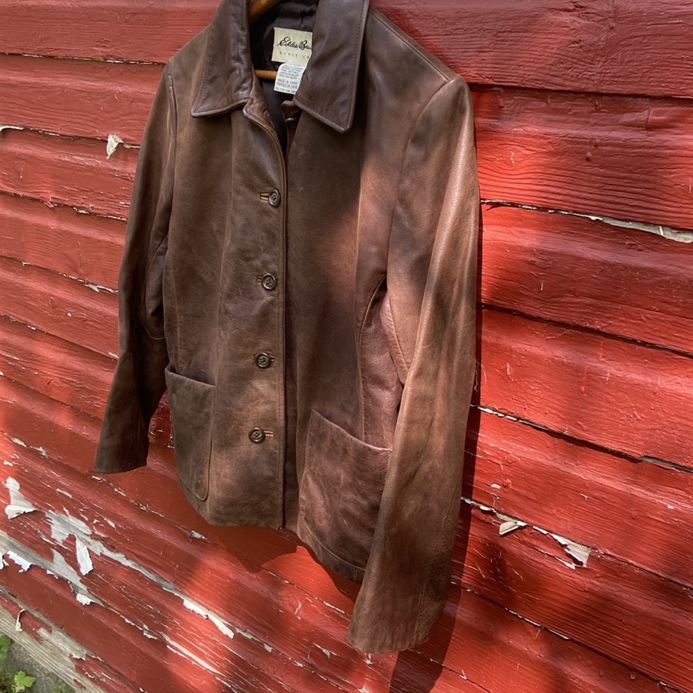 Eddie Bauer Vintage Button Front Brown Leather Jacket Women's Size S - Picture 7 of 10